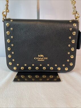 Coach M2481-CAK01 Quinn Bag With Rivets Black Pebbled Leather Chain Crossbody